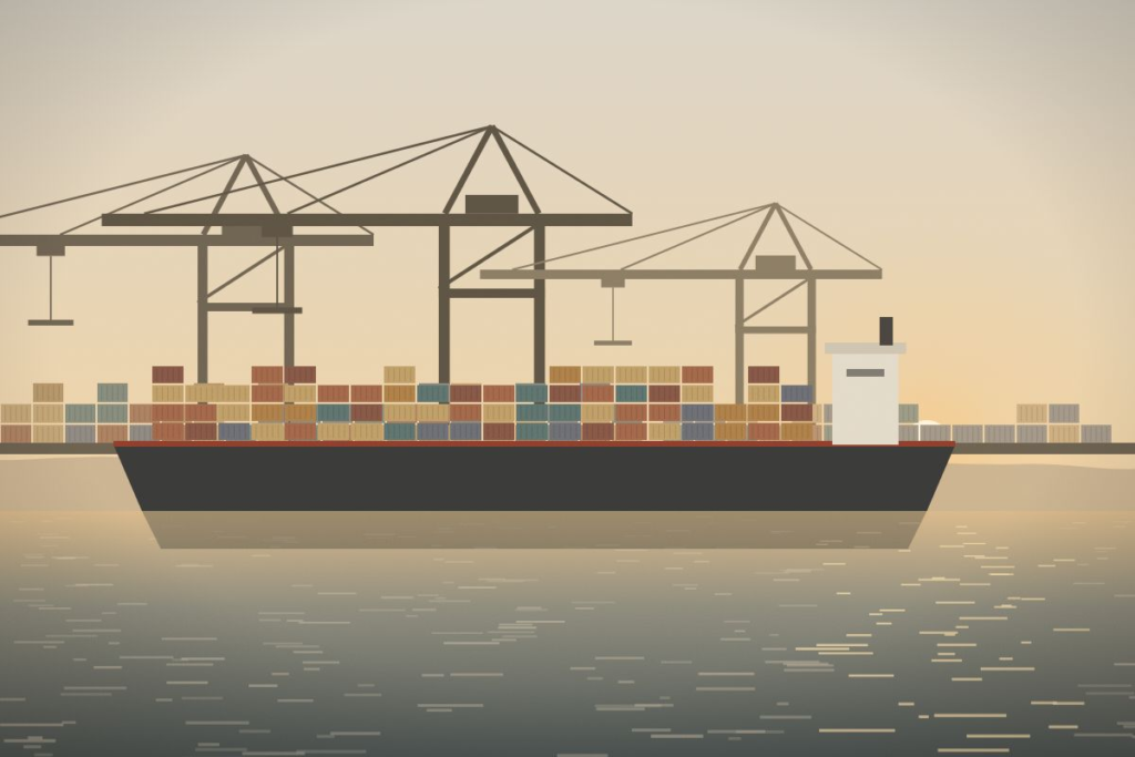 Container ship alongside port cranes at sunset