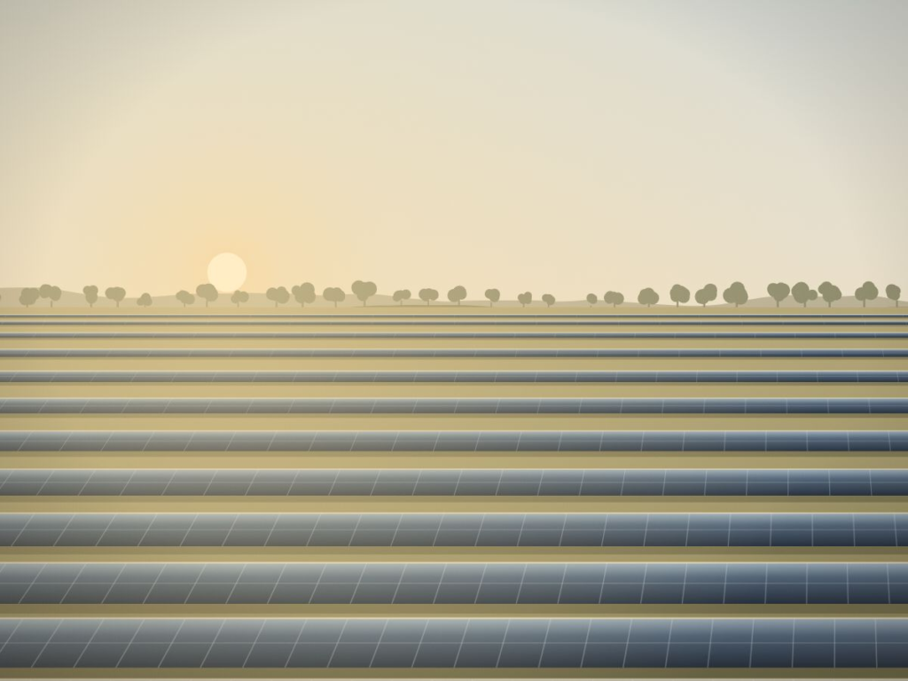 Rows of solar panels reaching toward the horizon