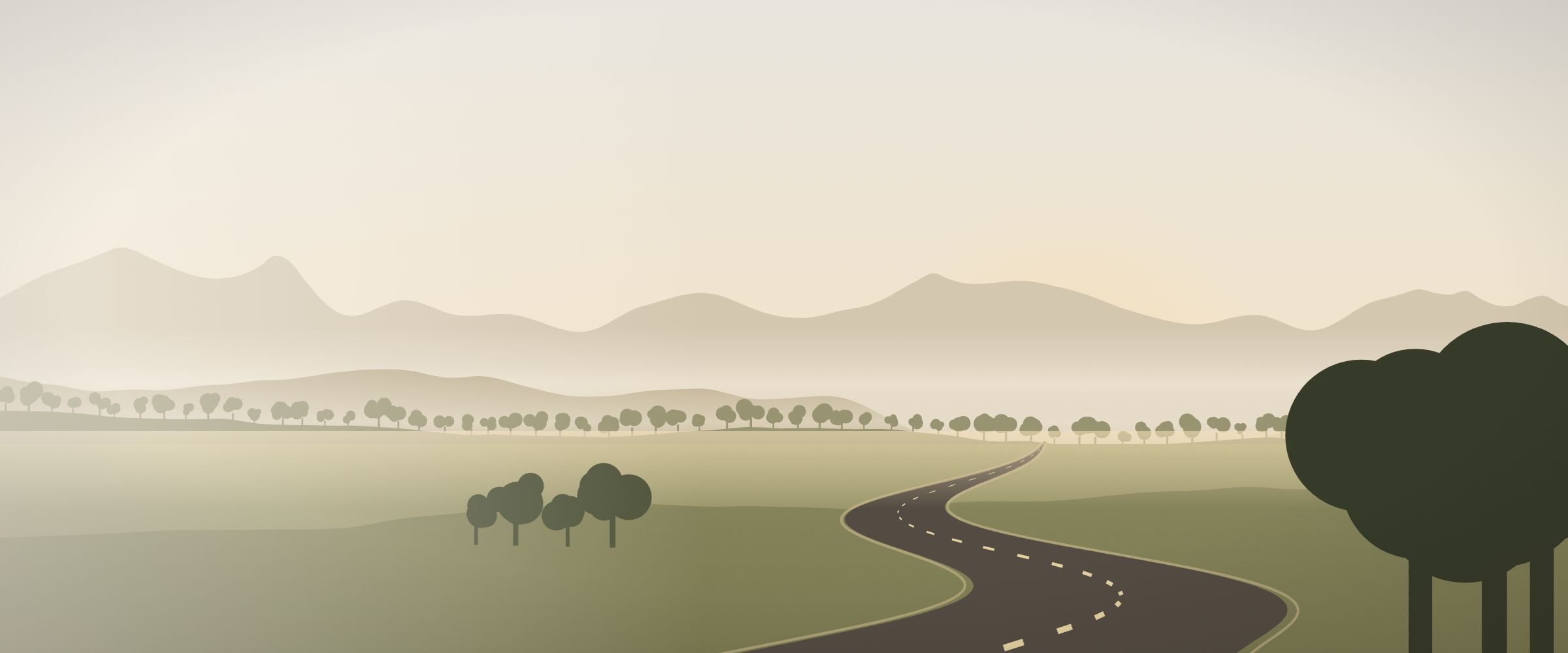 A road winding through green hills toward the rising sun